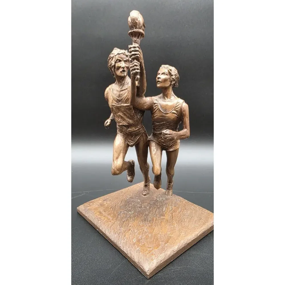 Vintage Bronze Olympic Runners Torch Sculpture 9.75